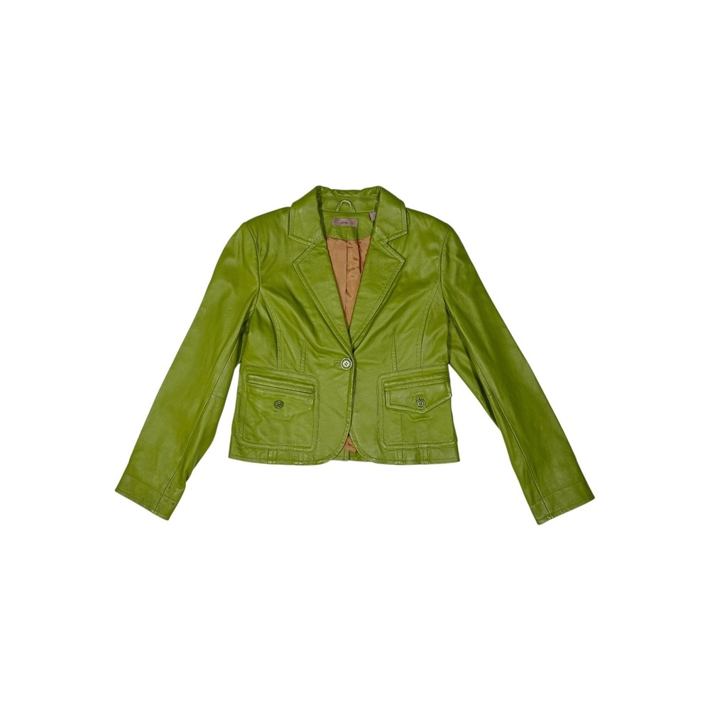 Womens Green Leather Blazer Single Button Flap Pocket Jacket Size M